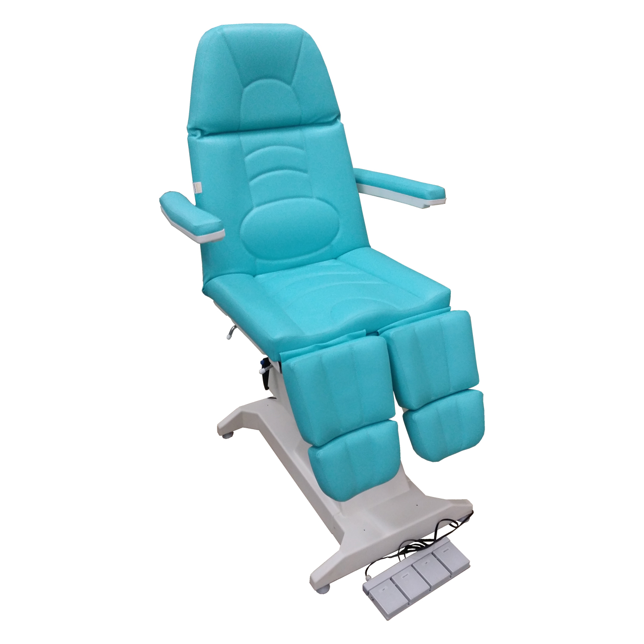 Кресло процедурное с электроприводом ФП-2, с газлифтами на подножках, с ножной педалью управления.
