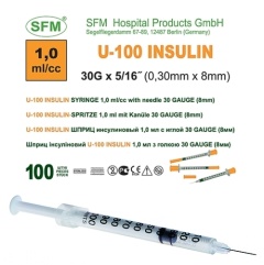 Шприц (3-х компонентный) 1 мл. инсулиновый U-100 с интегрированной иглой 0,30х8 (30G)